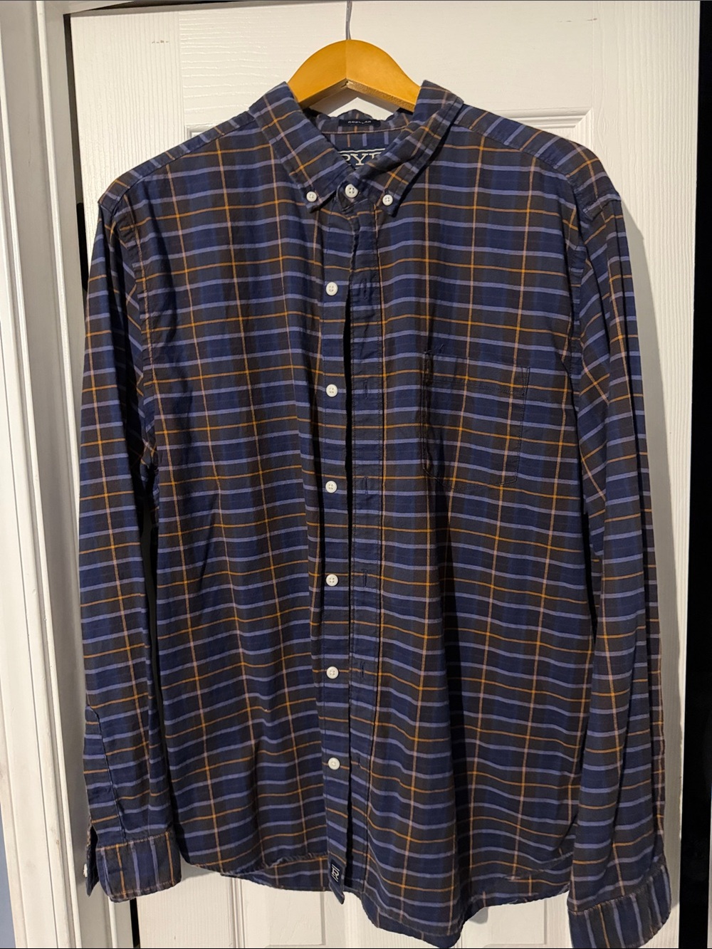 Casual Blue Plaid Button-Down Shirt with Orange Stripe